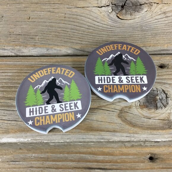 Big Foot Undefeated Hide & Seek Champion Car Coasters Set of 2 - Picture 2 of 5